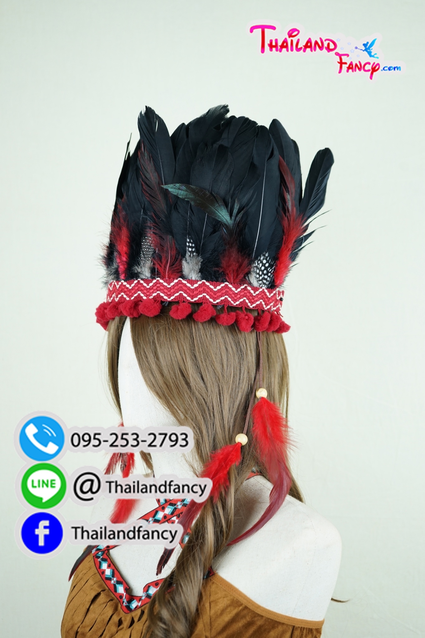 อุปกรณืแฟนซี หัวขนนกแฟนซี หัวอินเดียแดงแฟนซี หัวชนเผ่าขนนก คาดหัวอินเดียแดง หัวขนนกโบฮีเมี่ยน หมวกอินเดียแดงขนนกสีดำแดงแต่งพู่แบบวงกลม