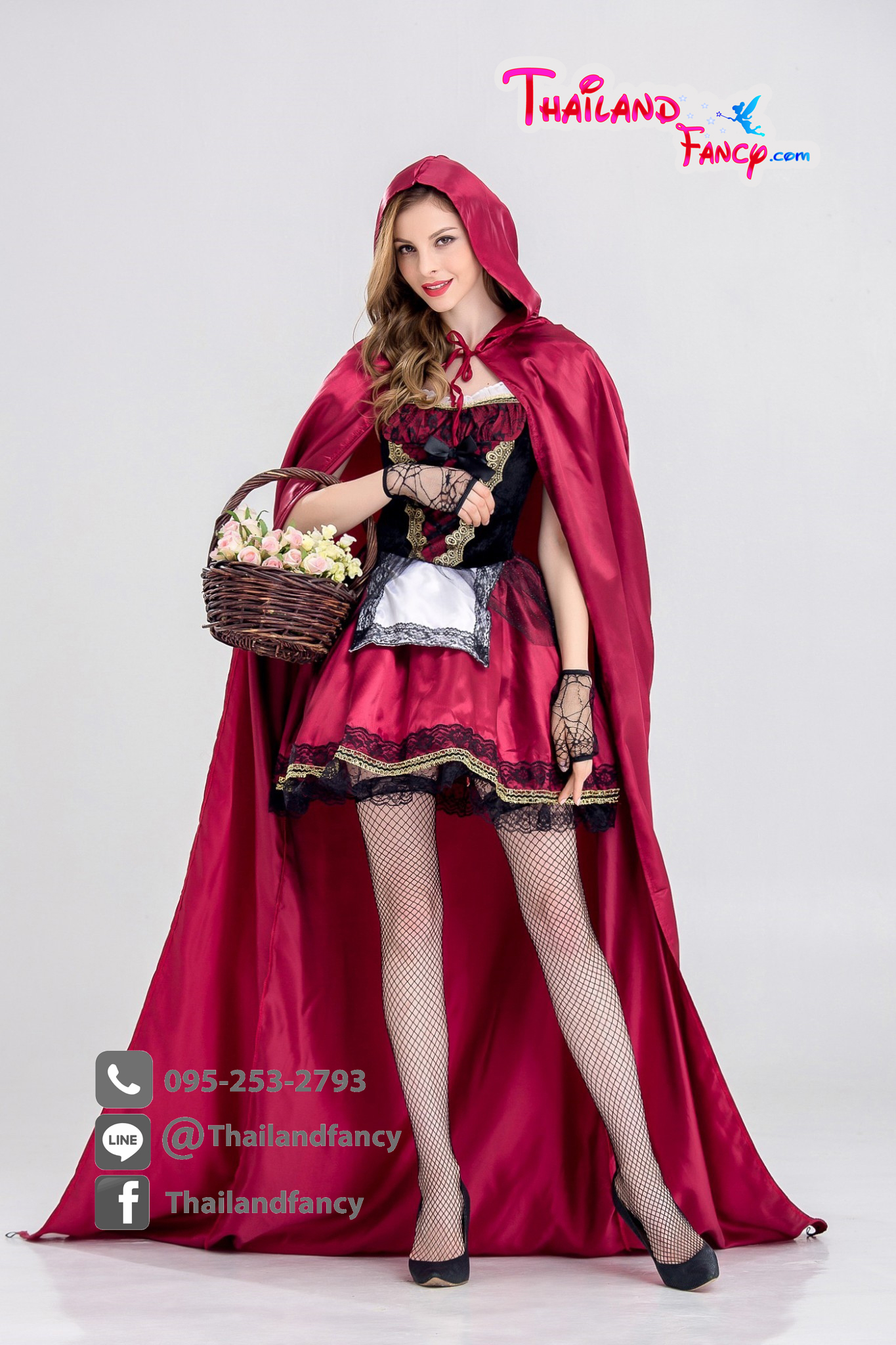 ชุดแฟนซี ชุดคอสเพลย์ ชุดการ์ตูนเจ้าหญิง ชุดเมด Maid ชุดคู่หมาป่า ชุดหนูน้อยหมวกแดง เดรสสั้นสีแดงแต่งดำทอง มีผ้าคลุมยาวเข้าเซ็ท