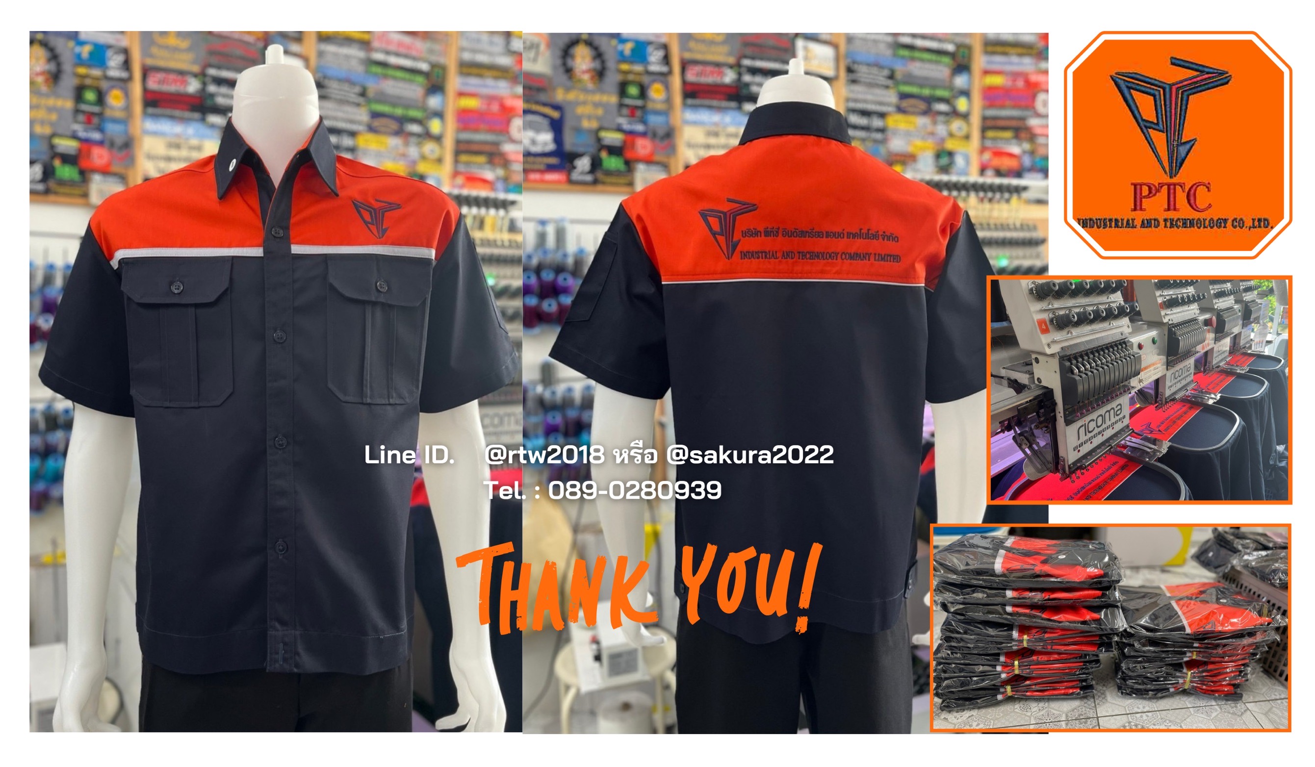เสื้อช่างแขนสั้นผ้าคอมทวิวสีกรมท่า/ส้ม (ขอบคุณ17)
