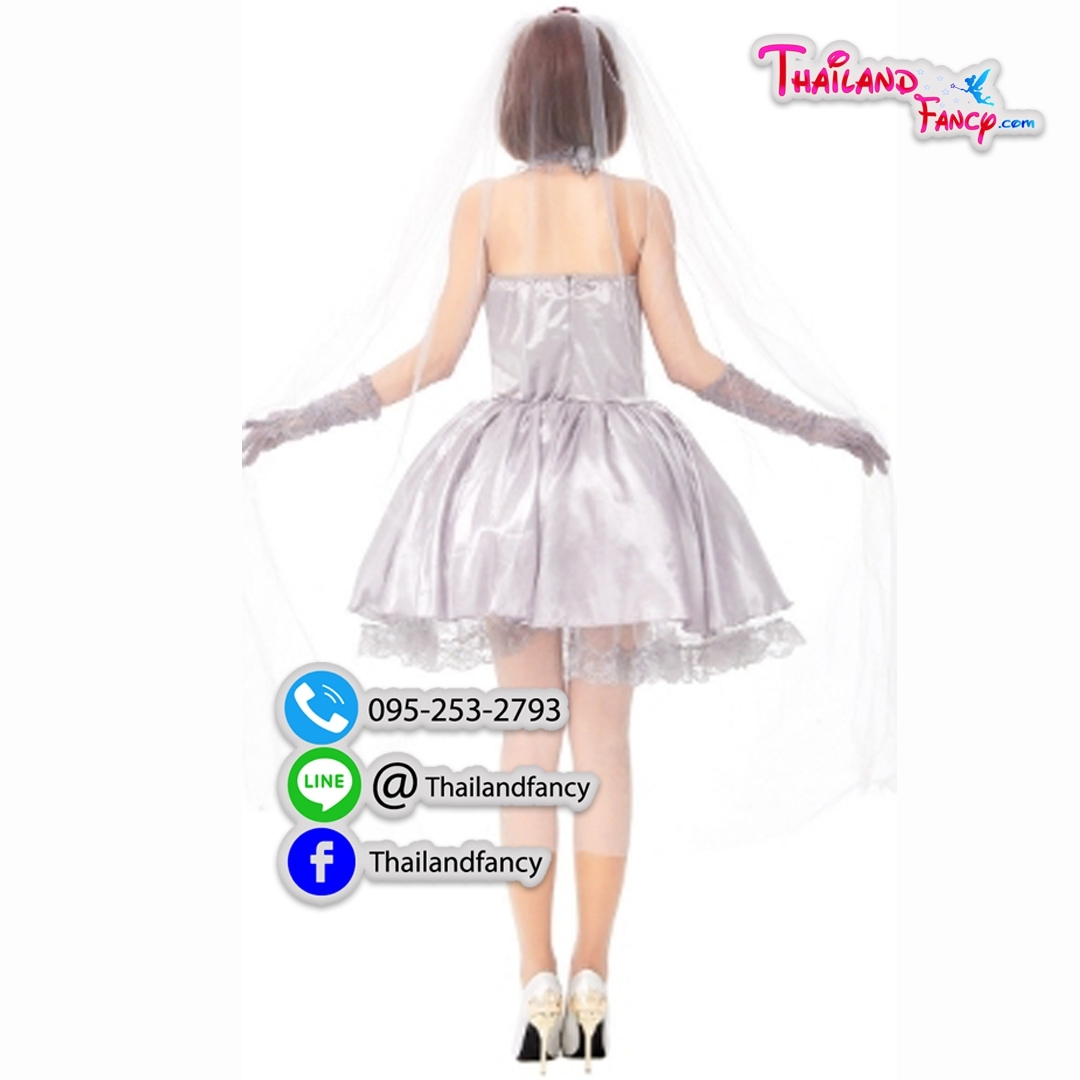 ชุดแฟนซีผีเจ้าสาว ชุดคอสเพลย์ซอมบี้ผู้หญิง ชุดเจ้าสาวผี Halloween Costume ชุดปีศาจสาว ชุดฮาโลวีน ชุดเจ้าสาวผีสีเทาดอกไม้แดง