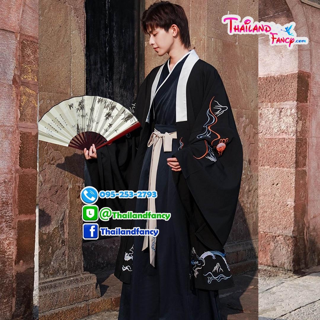 ชุดเช่าแฟนซีผู้ชาย เช่าชุดจอมยุทธ์ผู้ชาย ชุดแฟนซีนานาชาติ ชุดจีนโบราณ ชุดเกาหลีโบราณ ชุดจีนกำลังภายในชาย ชุดเช่าจอมยุทธชุดสีกรม-ดำ ลายมังกร