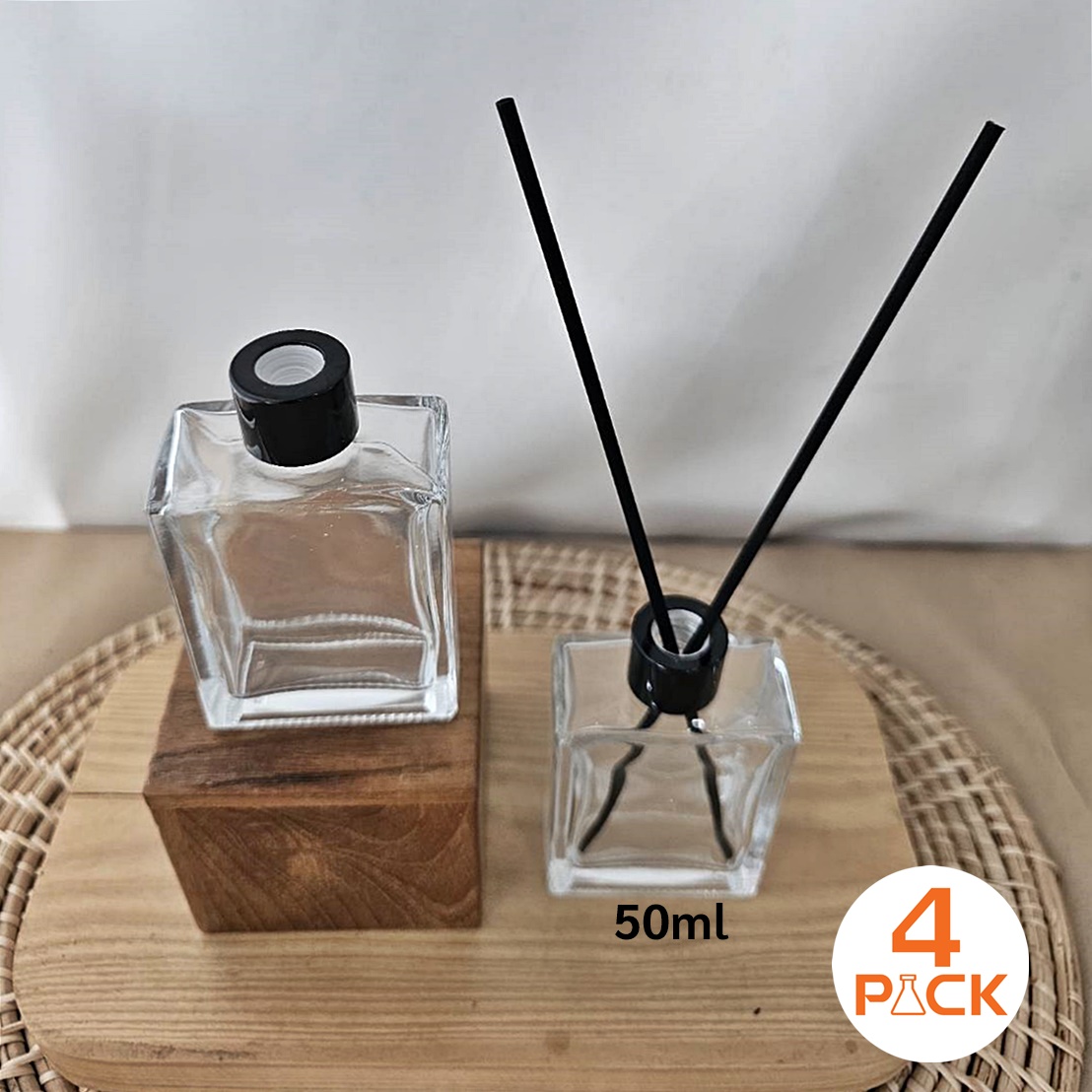 ขวดแก้วทรงแบน รุ่นD18 50,100ml +ฝาก้านไม้ +จุกใน