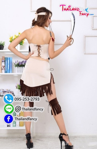 ชุดแฟนซีผู้หญิง ชุดสาวอินเดียแดง ชุดคนป่ายุคหิน ชุดชนเผ่า ชุดนักรบโบราณ ชุดนักรบหญิง ชุดอินเดียน่าเกิร์ล ชุดชนเผ่าอินเดียแดงสีครีมแต่งพู่น้ำตาล