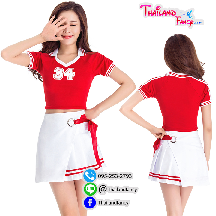 ชุดแฟนซีปอมปอมเชียร์ ชุดเชียร์ลีดเดอร์ Cheerleader Pom Poms Cosplay ชุดวงเกาหลี ชุดเชียร์กีฬาสีแดงโปรงขาวผูกโบว์