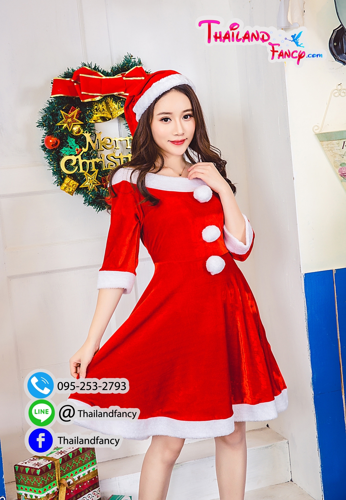 ชุดแฟนซีแซนตี้ ชุดซานต้าผู้หญิง ชุดคริสต์มาส ชุดซานตารีน่า ชุดปาร์ตี้ปีใหม่ เดรสแซนตี้คอปาดแขนยาวแค่ศอก แต่งกระดุมขนปุย