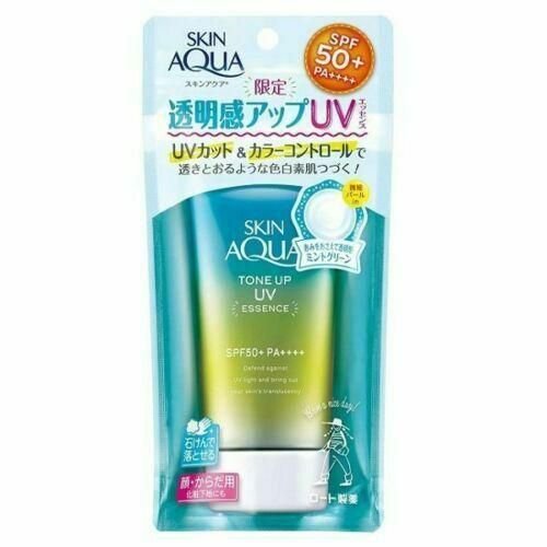 🔥ครีมกันแดด ROHTO SKIN AQUA Tone Up UV Essence SPF50+ PA++++ 💚สีเขียวมิ้นท์ : สูตรปราศจาก Alcohol, Paraben, Mineral Oil✨กันแดดปรับโทนผิว ผิวสว่างขึ้น ลดรอยแดง💥ขนาด 80g.
