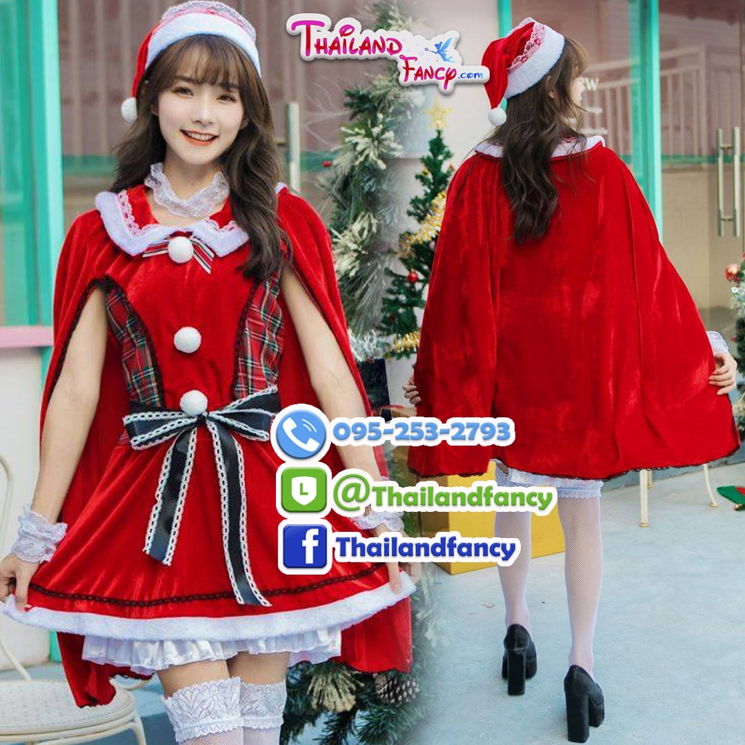ชุดคอสเพลย์แซนตี้ ชุดซานต้าผู้หญิง ชุดแฟนซีปีใหม่ ชุดคริสต์มาสลายสก็อต ชุดซานตาครอสผู้หญิง ชุดซานตารีน่าเดรสสั้นมีผ้าคลุมหลังในตัว