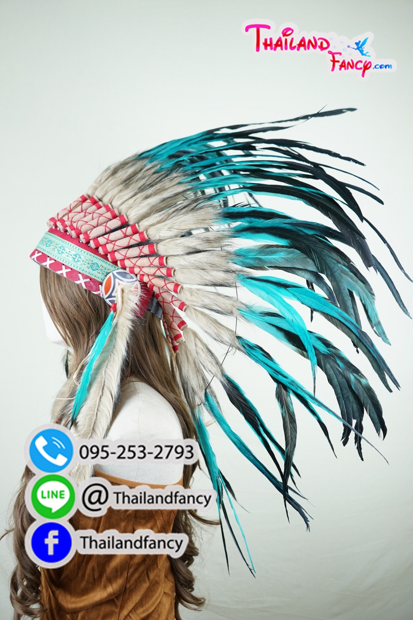 เช่าอุปกรณืแฟนซี หัวขนนกแฟนซี เช่าหัวอินเดียแดงแฟนซี หัวชนเผ่าขนนก หัวขนนกโบฮีเมี่ยน หมวกอินเดียแดงขนนกหัวหน้าเผ่าสีฟ้าน้ำทะเล