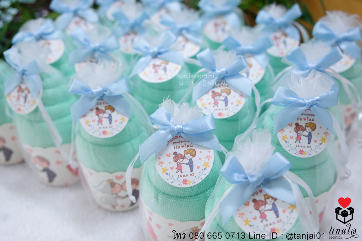 ของชำร่วยงานแต่ง ไอเดียของชำร่วย ผ้านาโนม้วนไอติม ในถุงไหมแก้ว ขนาดผ้าเช็ดผม ของชำร่วยงานมีประโยชน์