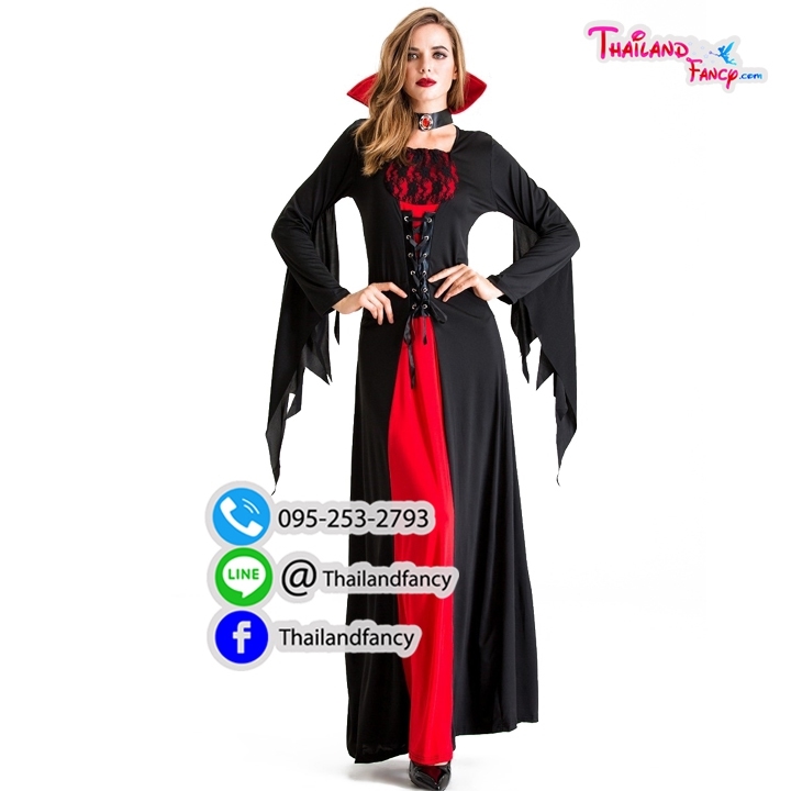 ชุดแฟนซีแวมไพร์ ชุดคอสเพลย์แวมไพร์ Vampire Cosplay Halloween ชุดแวมไพร์ผู้หญิง ชุดผีซอมบี้ดูดเลือด ชุดสาวแดร็กคูล่า ชุดราชินีแวมไพร์ดำแดงพร้อมปกคอตั้งแขนกระดิ่งชายรุ่งริ่ง