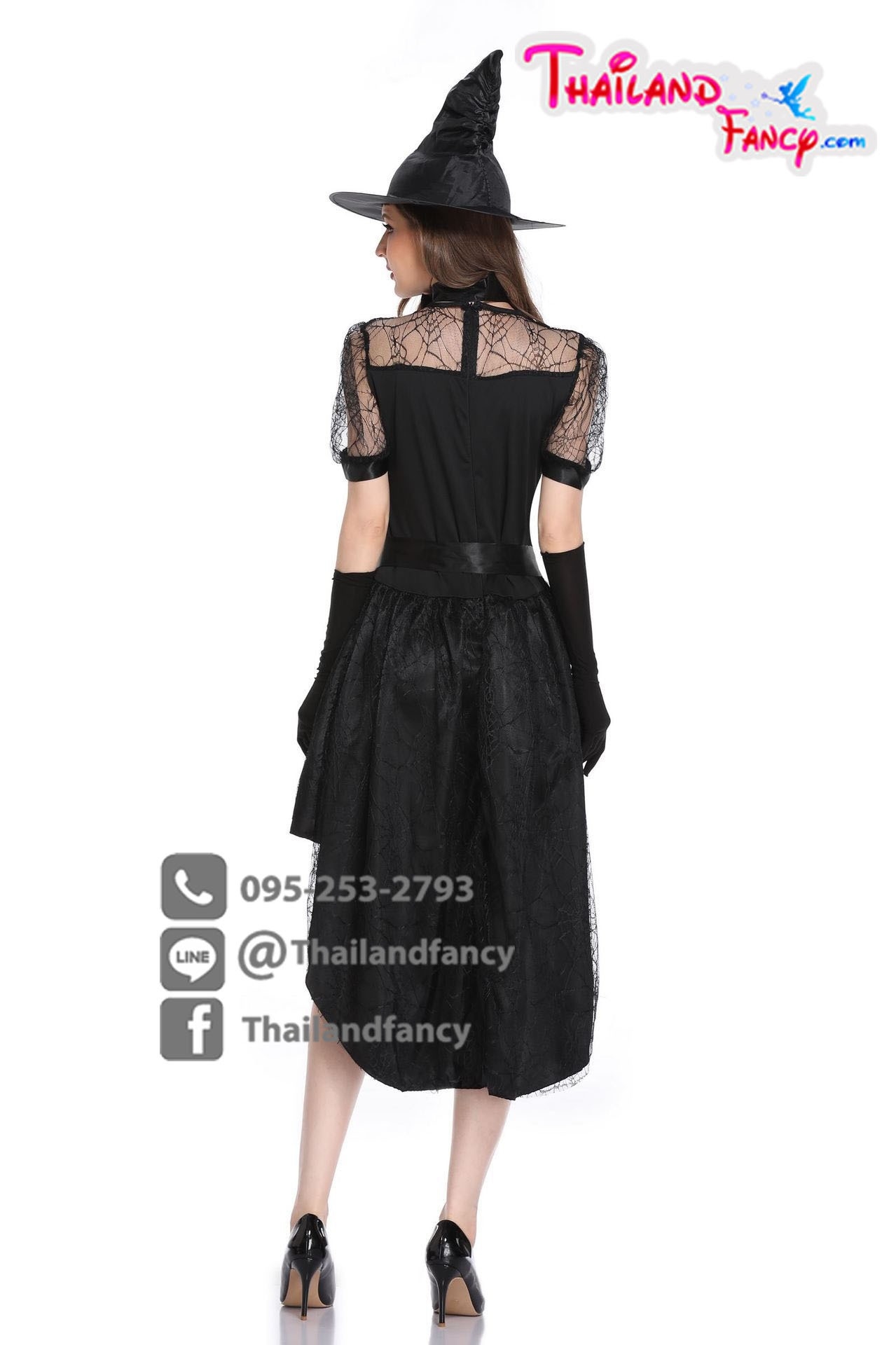 ชุดแฟนซีแม่มดผู้ใหญ่ ชุดคอสเพลย์ฮาโลวีนผู้หญิง Halloween Cosplay ชุดแม่มดผีซอมบี้ ชุดแม่มดสีดำผสมซีทรู พร้อมหมวกและถุงมือ