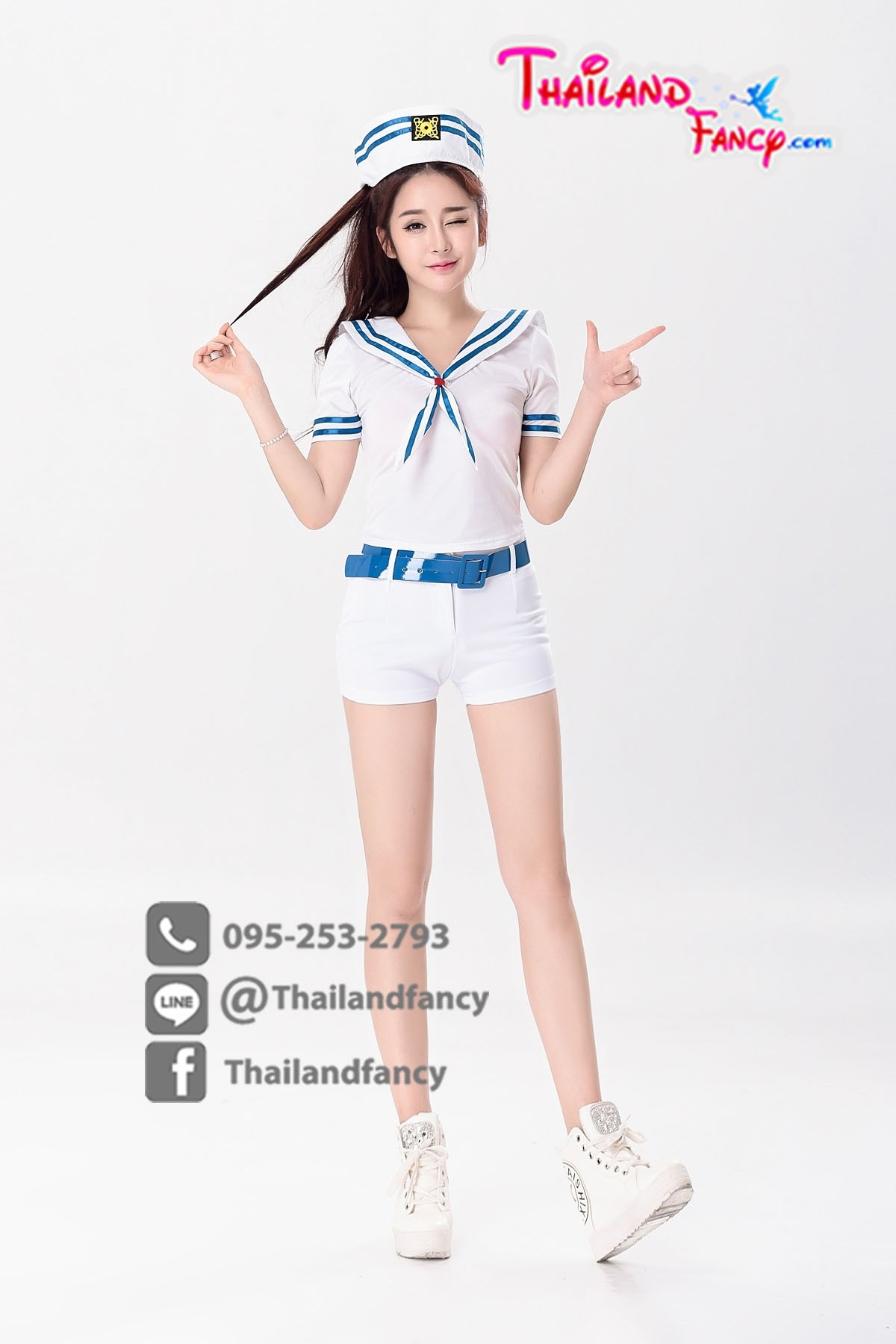 ชุดแฟนซีกะลาสีเรือ Cosplay ชุดทหารเรือหญิง ชุดอาชีพในฝัน ชุดขาวปกทหารเรือขาวขอบน้ำเงิน พร้อมหมวกกะลาสีเข้าเซ็ท