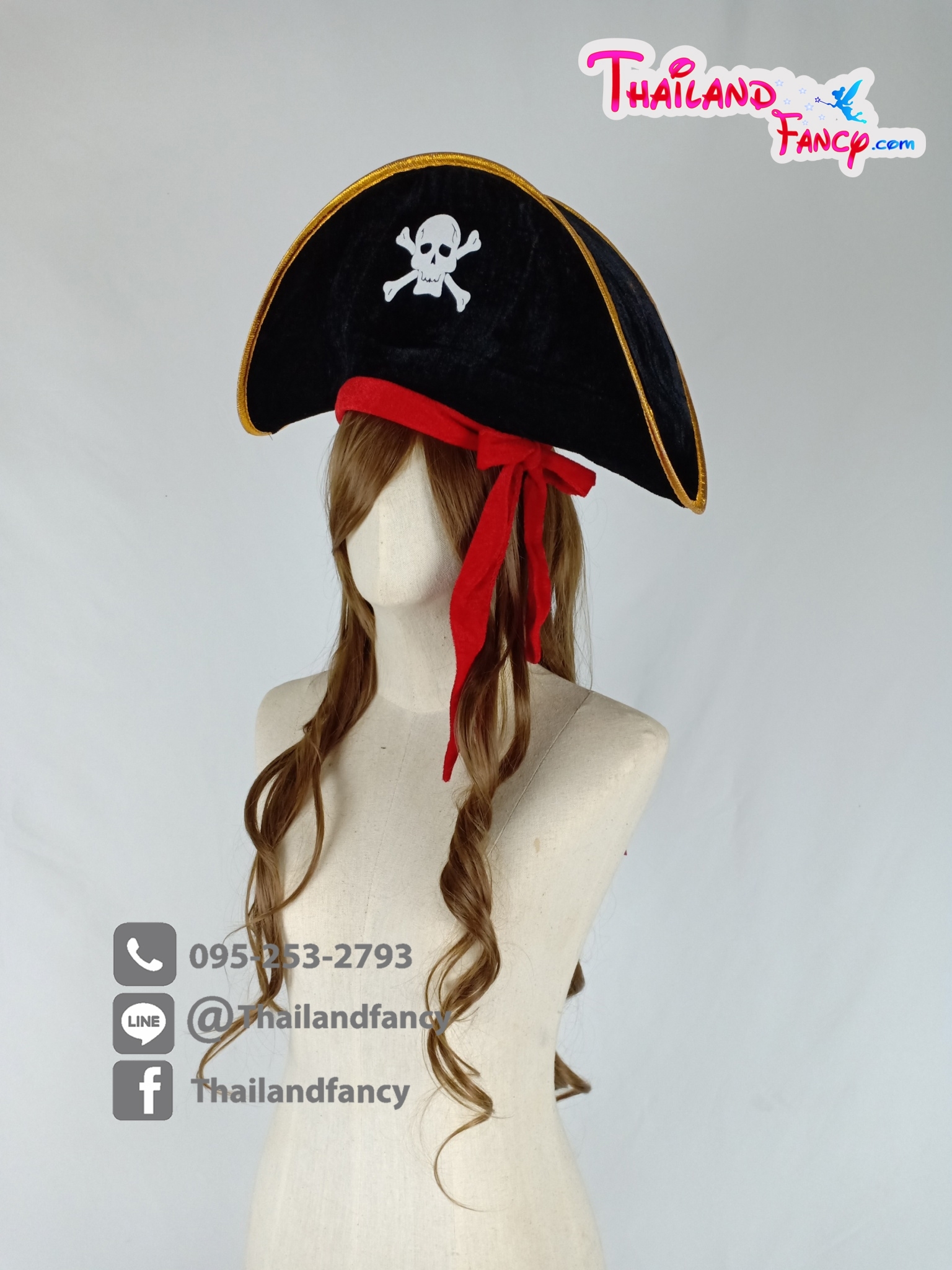 อุปกรณ์คอสเพลย์ อุปกรณืแฟนซี หมวกแฟนซีโจรสลัด หมวกโจรแคริเบียน Pirate Hat Cosplay หมวกโจรสลัดรุ่นกำมะหยี่ดำสายแดง