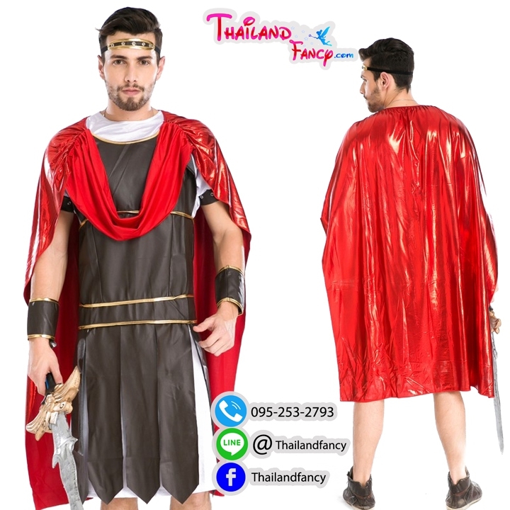 แฟนซีผู้ชายสำหรับเช่า ชุดนักรบกรีกโรมัน Spartan Cosplay ชุดนักรบสปาร์ตันชาย หนังเทียมสีน้ำตาลผ้าคลุมแดง