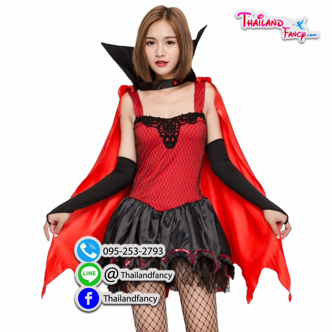 ชุดแฟนซีแวมไพร์ ชุดคอสเพลย์ ชุดเดวิล ชุดซอมบี้ผู้หญิง ชุดฮาโลวีน Vampire Girl Costume ชุดปีศาจสาว ชุดเซ็กส์ซี่แวมไพร์สายเดียวแดงโปรงดำ