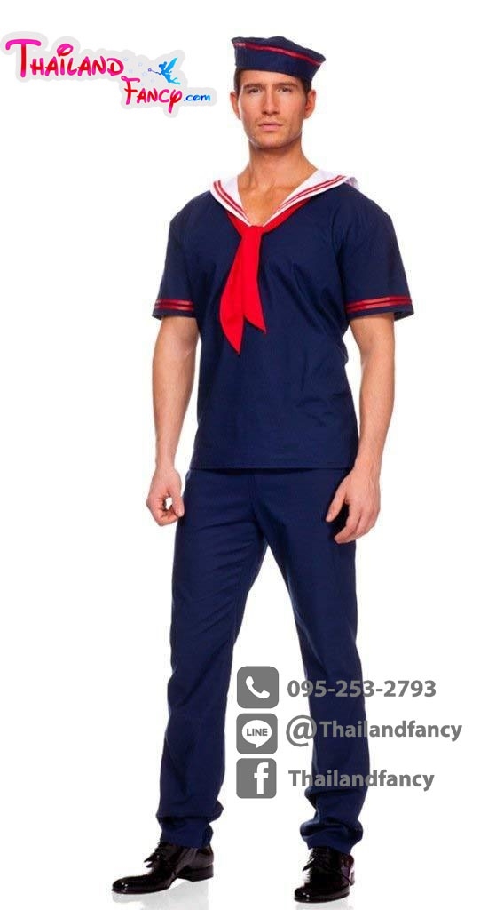 ชุดแฟนซีกะลาสีเรือชาย ชุดทหารเรือชาย ชุดอาชีพในฝัน กะลาสีป๊อปอาย ชุดคอสเพลย์กะลาสีชายชุดน้ำเงินปกทหารเรือขาวขอบแดง พร้อมหมวกป๊อบอาย
