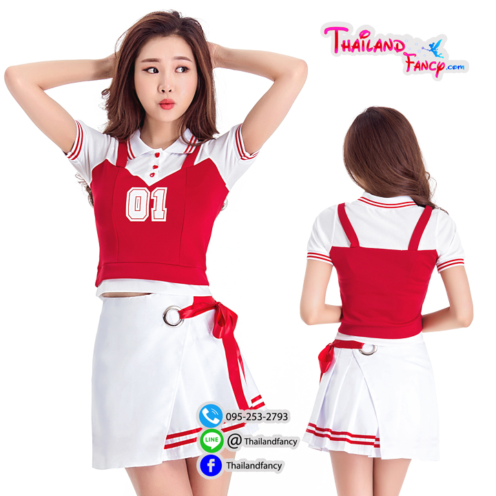ุชุดแฟนซี ชุดเชียร์กีฬา ชุดปอมปอมเชียร์ Cheerleader ชุดปาร์ตี้ ชุดกีฬาสีบริษัท ชุดคอสเพลย์เชียร์ลีดเดอร์ สีขาว-แดง โปรงจีบผูกโบว์แดง
