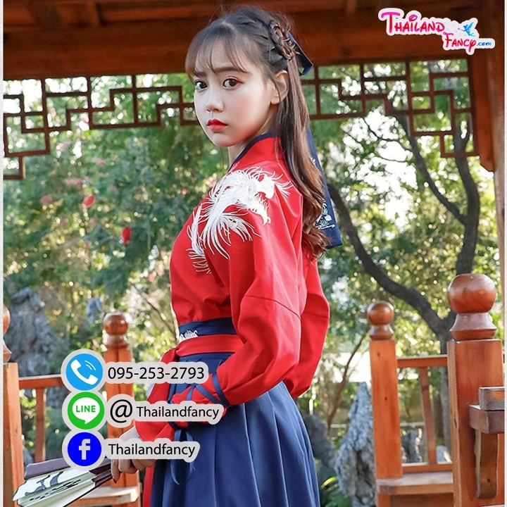 ชุดเช่าแฟนซีผู้หญิง เช่าชุดจอมยุทธ์ ชุดจีนโบราณหญิง ชุดเจ้ายุทธจักร ชุดจีนกำลังภายในผู้หญิง ชุดเช่าจอมยุทธจีนเสื้อสีแดงแต่งลายปักโปรงน้ำเงิน