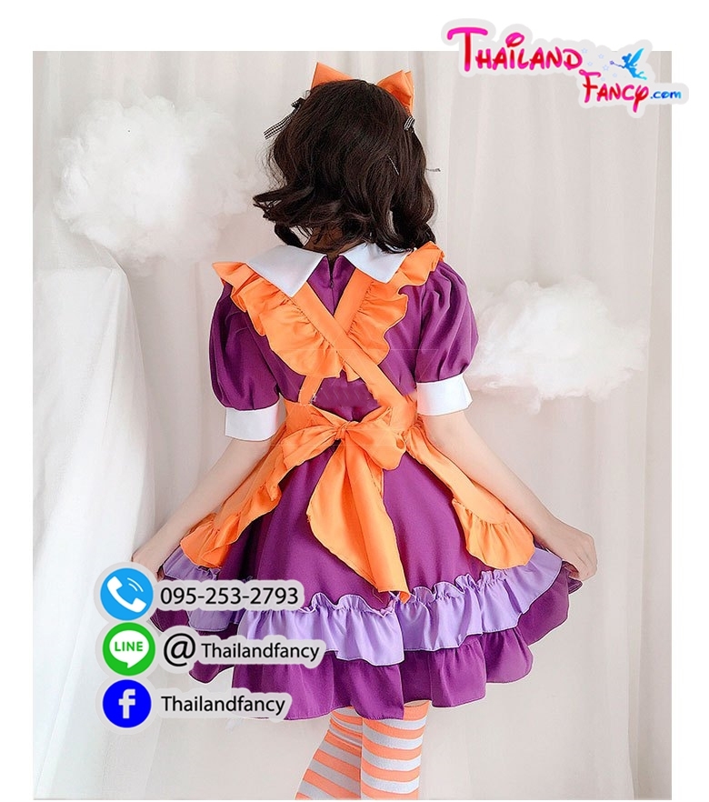 ชุดแฟนซีแม่บ้าน ชุดสาวใช้ ชุดเมดญี่ปุ่น Maid Cosplay ชุดเมดเจ้าหญิงโลลิต้า ชุดการ์ตูนอะนิเมะ ชุดแม่บ้านเดรสสีม่วงผ้ากันเปื้อนสีส้ม