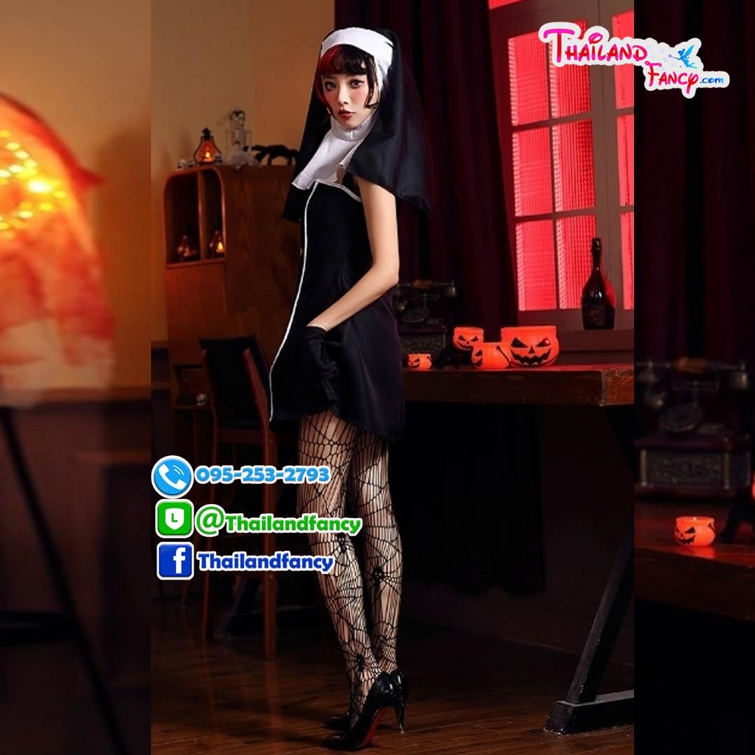 ชุดแฟนซีซิสเตอร์บาทหลวงหญิง The Nun Costume ชุดแม่ชี ชุดซิสเตอร์คริสต์ ชุดฮาโลวีน ชุดแม่ชีเดรสสั้นสีดำพร้อมผ้าคลุม