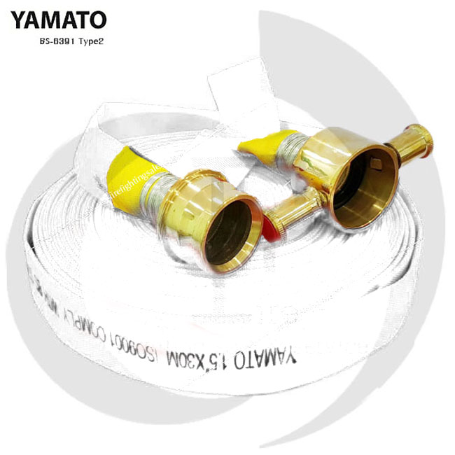 สายส่งน้ำดับเพลิงใยสังเคราะห์ 100% ยี่ห้อ Yamato สีขาว มาตรฐาน BS-6391 Type2