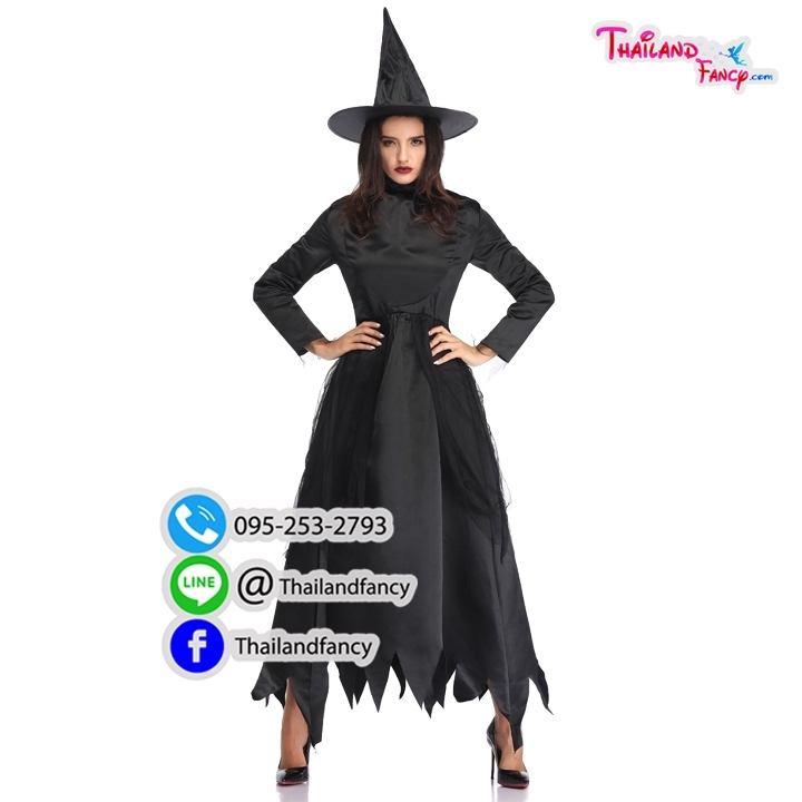 ชุดแฟนซีแม่มด ชุดแม่มอฮาโลวีน Witch Costume ชุดแม่มดผีซอมบี้ ชุดสาวจอมเวทย์ ชุดปีศาจสาว ชุดคุณหนูแม่มดดำสไตล์อังกฤษพร้อมหมวก