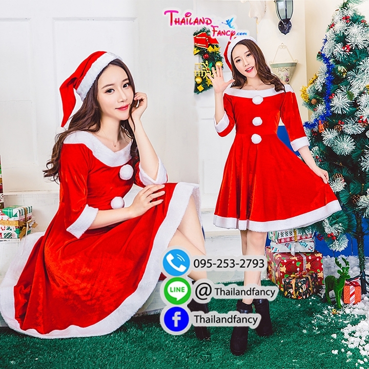 ชุดแฟนซีแซนตี้ ชุดซานต้าผู้หญิง ชุดคริสต์มาส ชุดซานตารีน่า ชุดปาร์ตี้ปีใหม่ เดรสแซนตี้คอปาดแขนยาวแค่ศอก แต่งกระดุมขนปุย