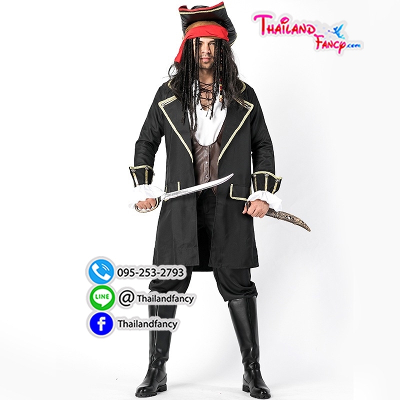 ชุดเช่าแฟนซีผู้ชาย ชุดเช่าโจรสลัดชาย ชุดเช่ากัปตันแจ๊คสแปร์โรว์ Pirate Jack Sparrow Cosplay เสือโค้ทดำเสื้อกั๊กหนังน้ำตาล