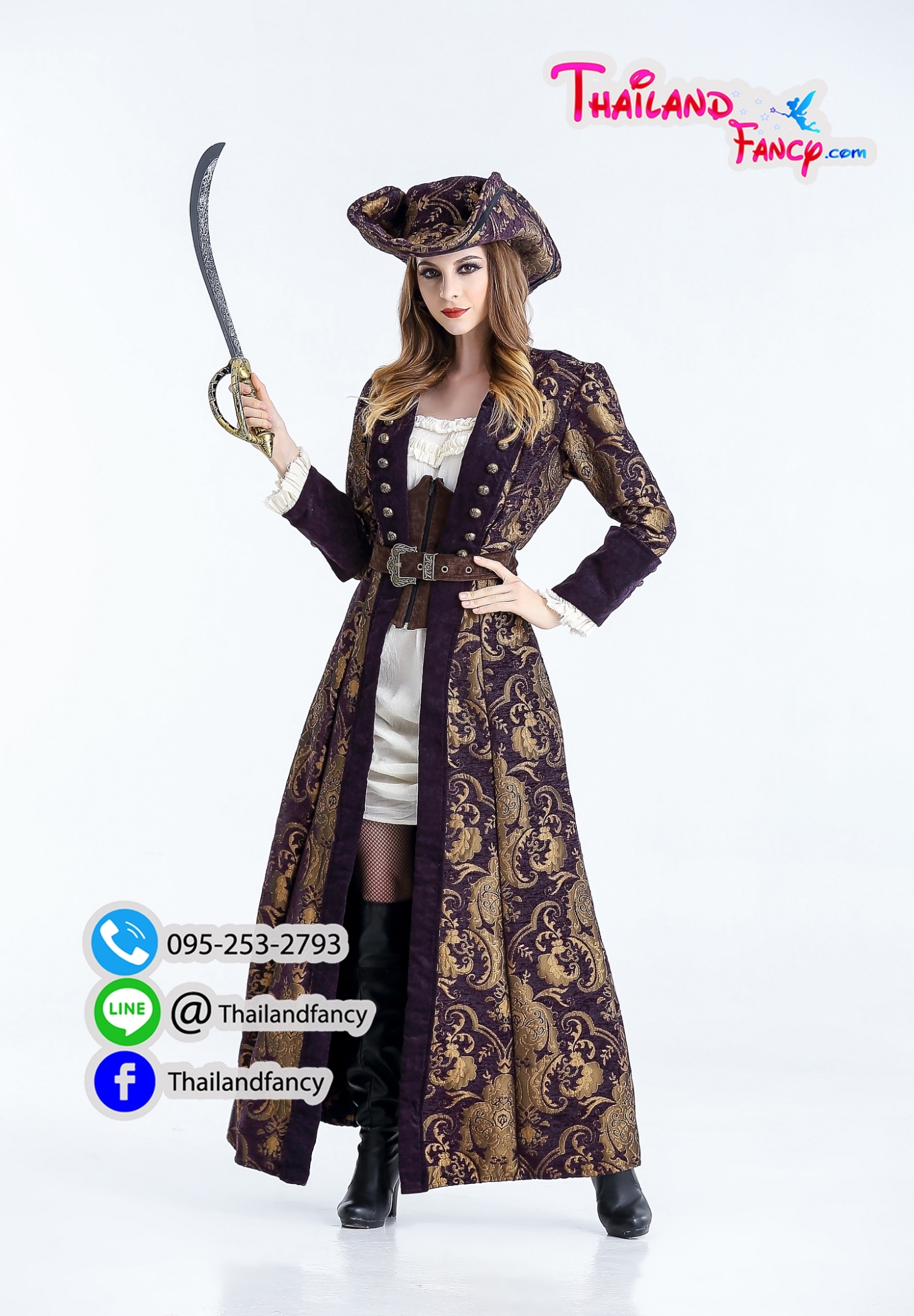 ชุดเช่าแฟนซีผู้หญิง ชุดโจรสลัด แจ็ค สแปร์โรว์หญิง Pirate Cosplay ชุดคลุมโจรสลัด ชุดเช่าโจรสลัดสาวผ้าลูกฟูกสีน้ำตาล-ม่วง