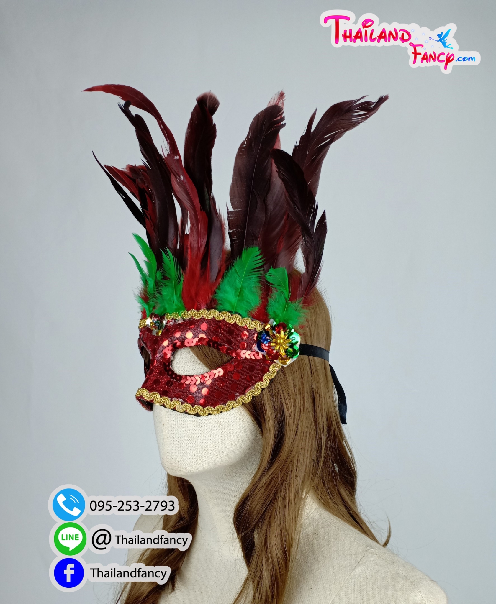 อุปกรณ์คริสต์มาส อุปกรณืแฟนซี หน้ากากแฟนซี หน้ากากขนนก หน้ากากปาร์ตี้ปีใหม่ หน้ากากอินเดียแดง หน้ากากสีแดงแซมเขียวแต่งเกร็ด