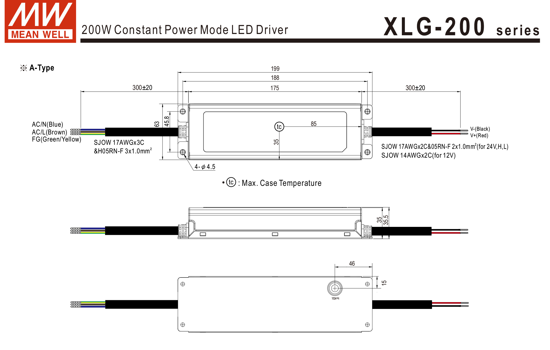 หม้อแปลง Constant Power LED Driver IP67 XLG series Meanwell 199W 12 / 24Vdc