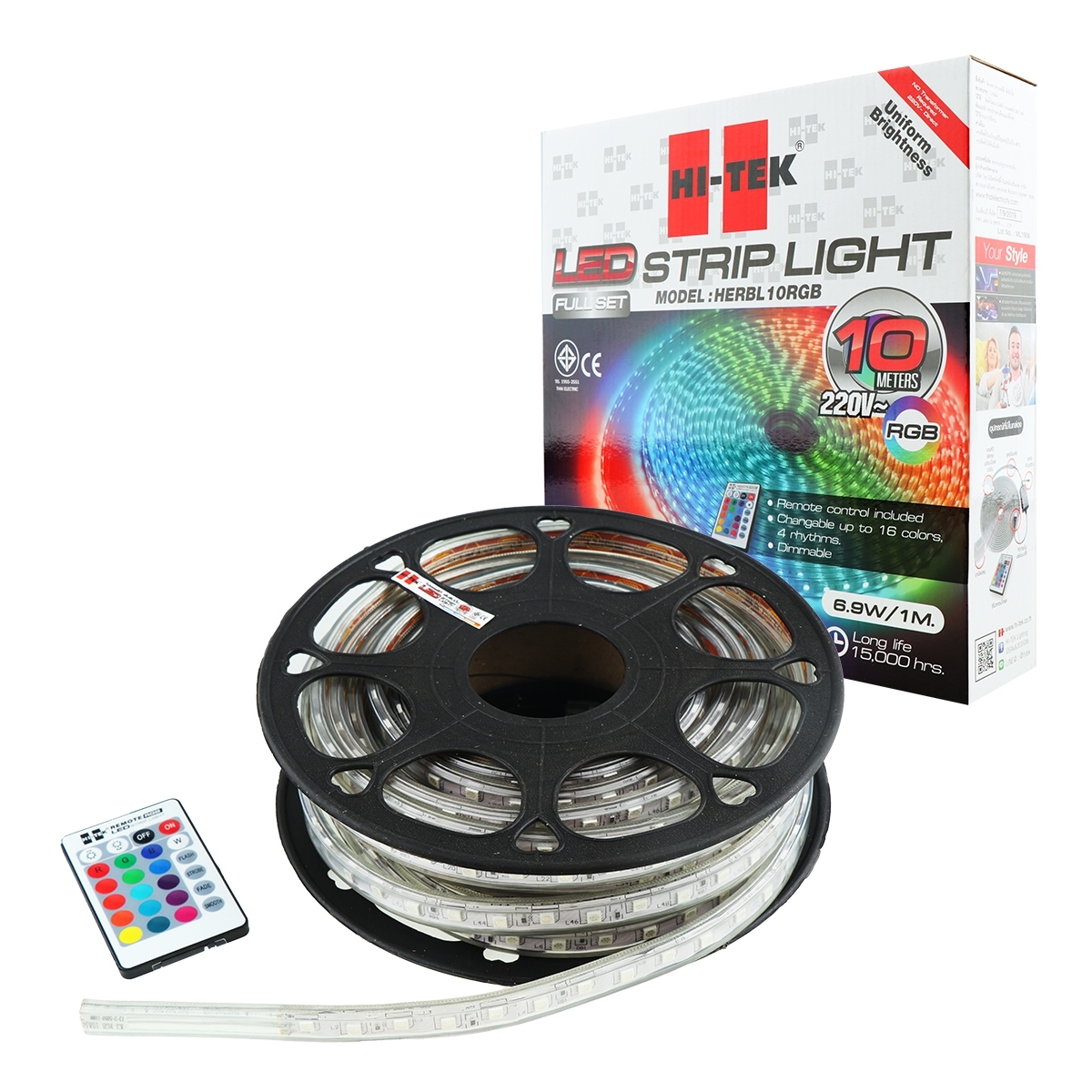 HI-TEK ไฟริบบิ้น LED 220V ยาว 10 เมตร พร้อมรีโมทคอนโทรล รุ่น 5050/60 (เปลี่ยนสีได้)