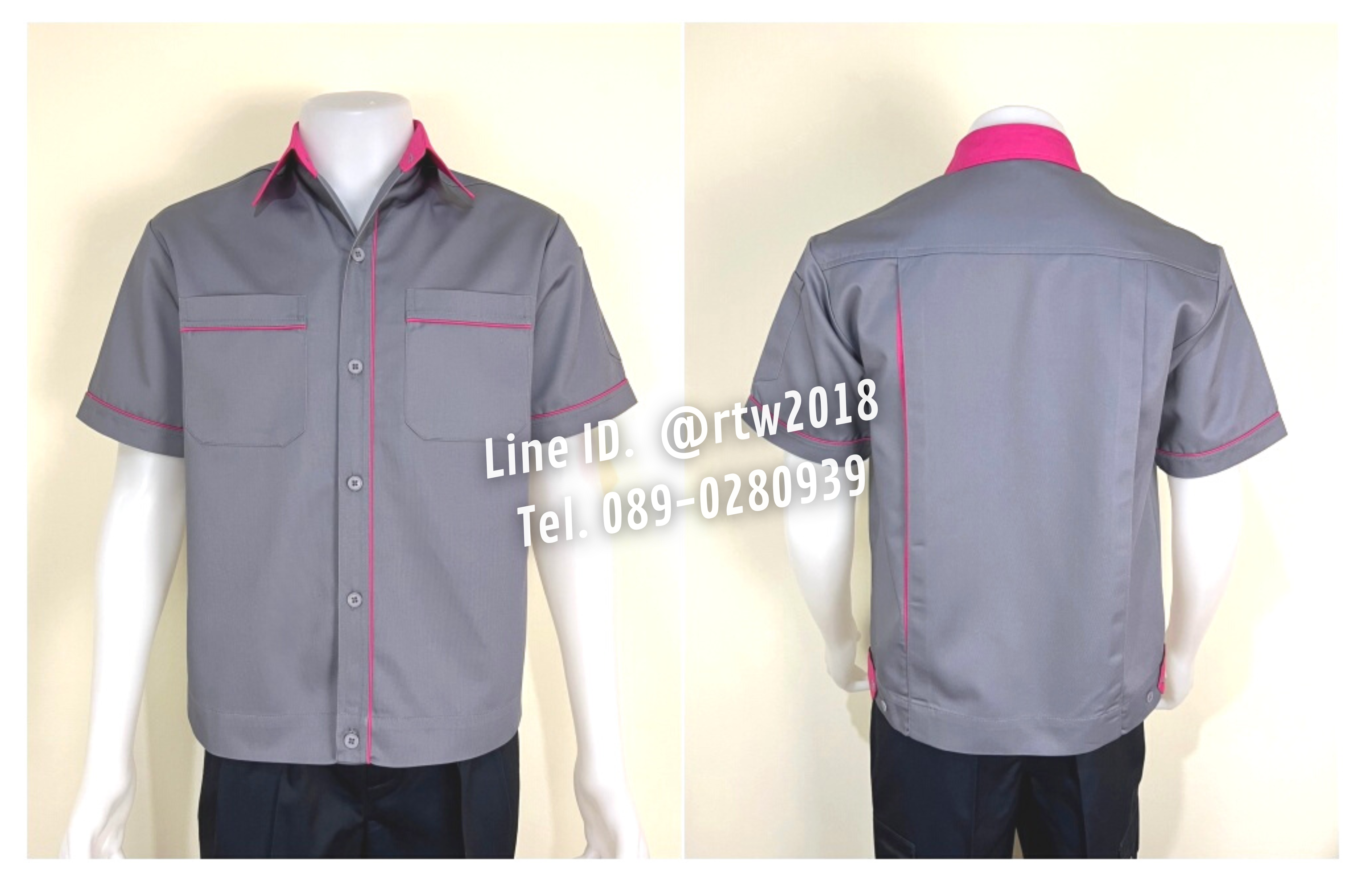 รหัส A5.13 : เสื้อช่างแขนสั้นผ้าคอมทวิวสีเทากุ้นชมพูเข้ม