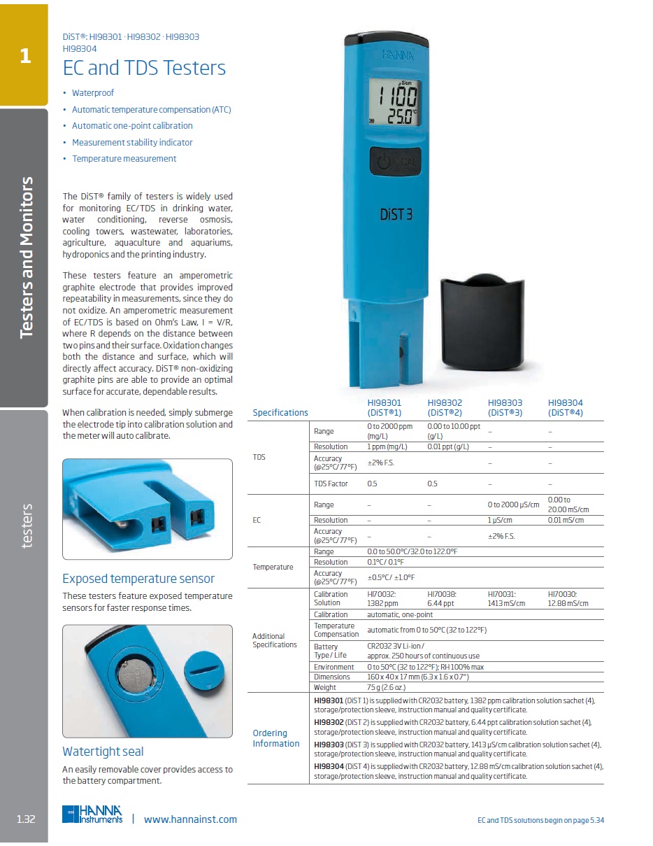 DiST® 4 Waterproof EC Tester เครื่องวัดค่าความนำไฟฟ้า (EC Meter ช่วง 0.00-20.00 mS/cm) ยี่ห้อ Hanna รุ่น HI98304
