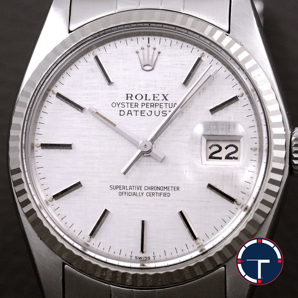 Rolex Datejust Ref.16014 Silver Linen Dial หน้าปัดลายผ้าสีเงิน ขอบหยักทองคำขาว สายจูบิรี่แท้ นาฬิกาปี1985 Automatic ขนาด 36 mm