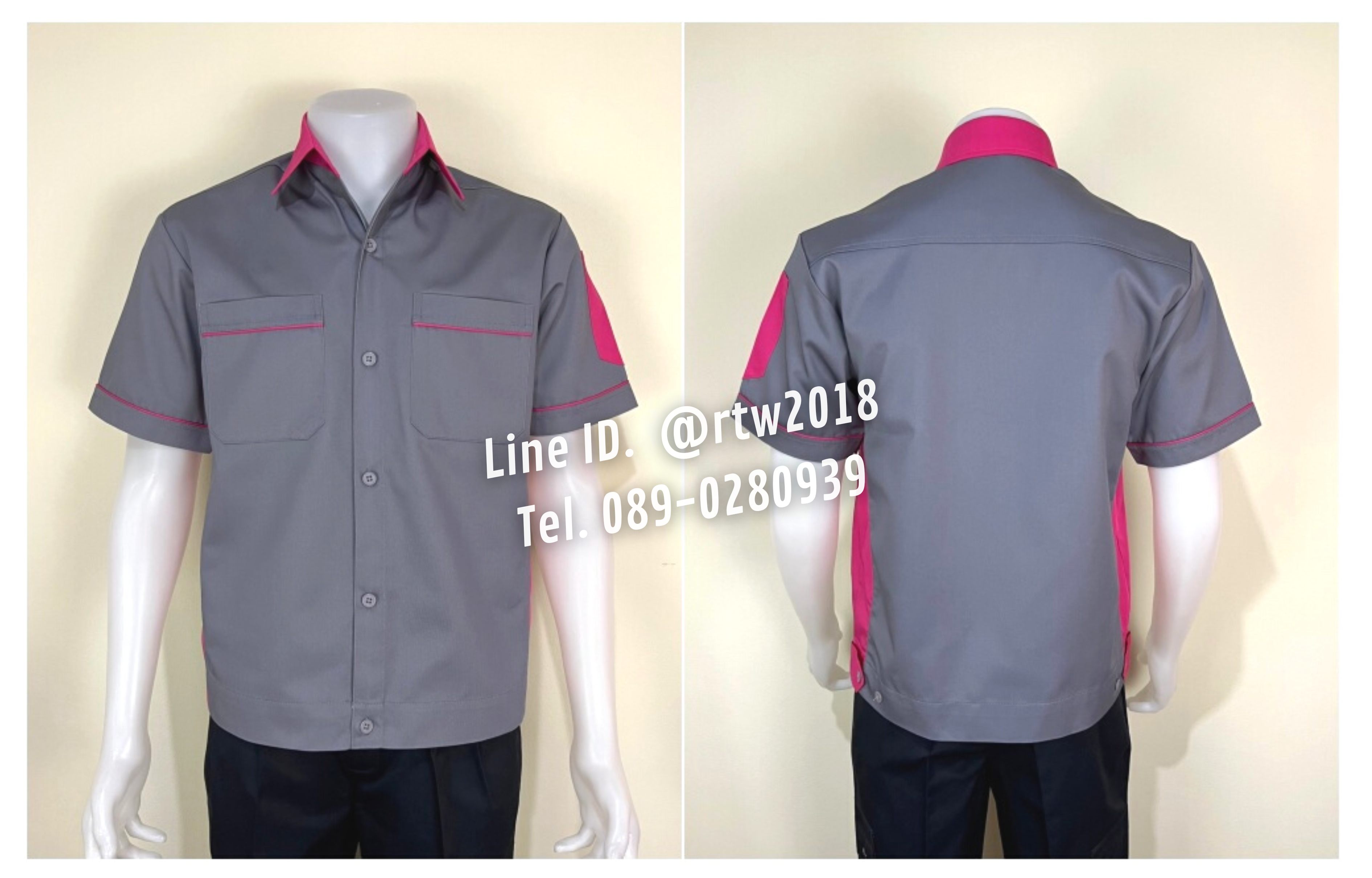 รหัส A11.13 : เสื้อช่างแขนสั้นผ้าคอมทวิวสีเทาข้างชมพูเข้ม