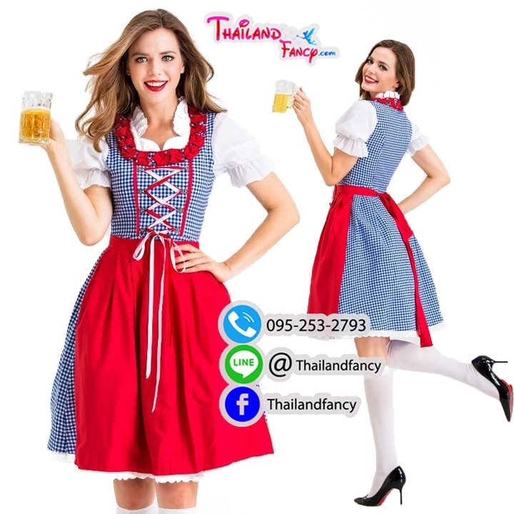 ชุดแฟนซีบาวาเรีย ชุดสาวเชียร์เบียร์ Oktoberfest ชุดสาวเสริฟ ชุดเทศกาลเบียร์ ชุดอ็อคโทเบอร์เฟส เยอร์มันคันทรีเสื้อตาสก็อตน้ำเงินผ้ากันเปื้อนแดง