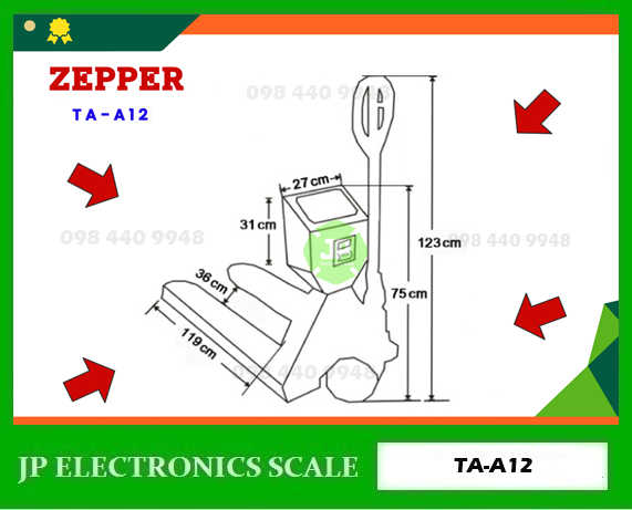 เครื่องชั่งรถยกพาเลท2000kg เครื่องชั่งแฮนด์พาเลท2ตัน เครื่องชั่งแฮนลิฟท์ เครื่องชั่งน้ำหนักสินค้ารถพาเลท เครื่องชั่งรถพาเลท 2ตัน ค่าความละเอียด 1kg ยี่ห้อ ZEPPER รุ่น TA-A12 (Hand Pallet Scale)