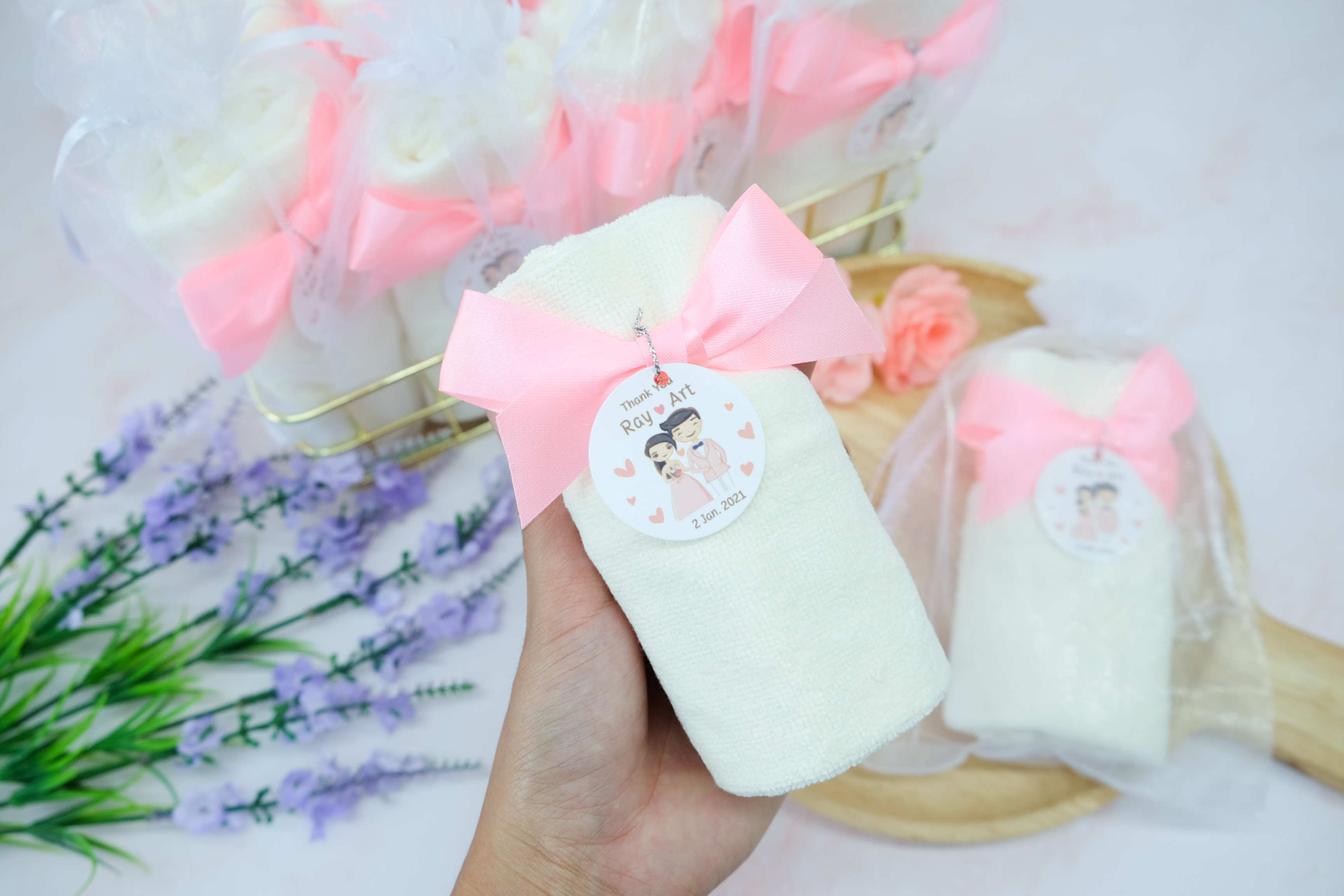 ของชำร่วยงานแต่ง ของแจกงานแต่ง ของที่ระลึกงานแต่ง ผ้านาโนม้วนผูกโบว์ สีฟ้า สีขาว สีเขียว 17