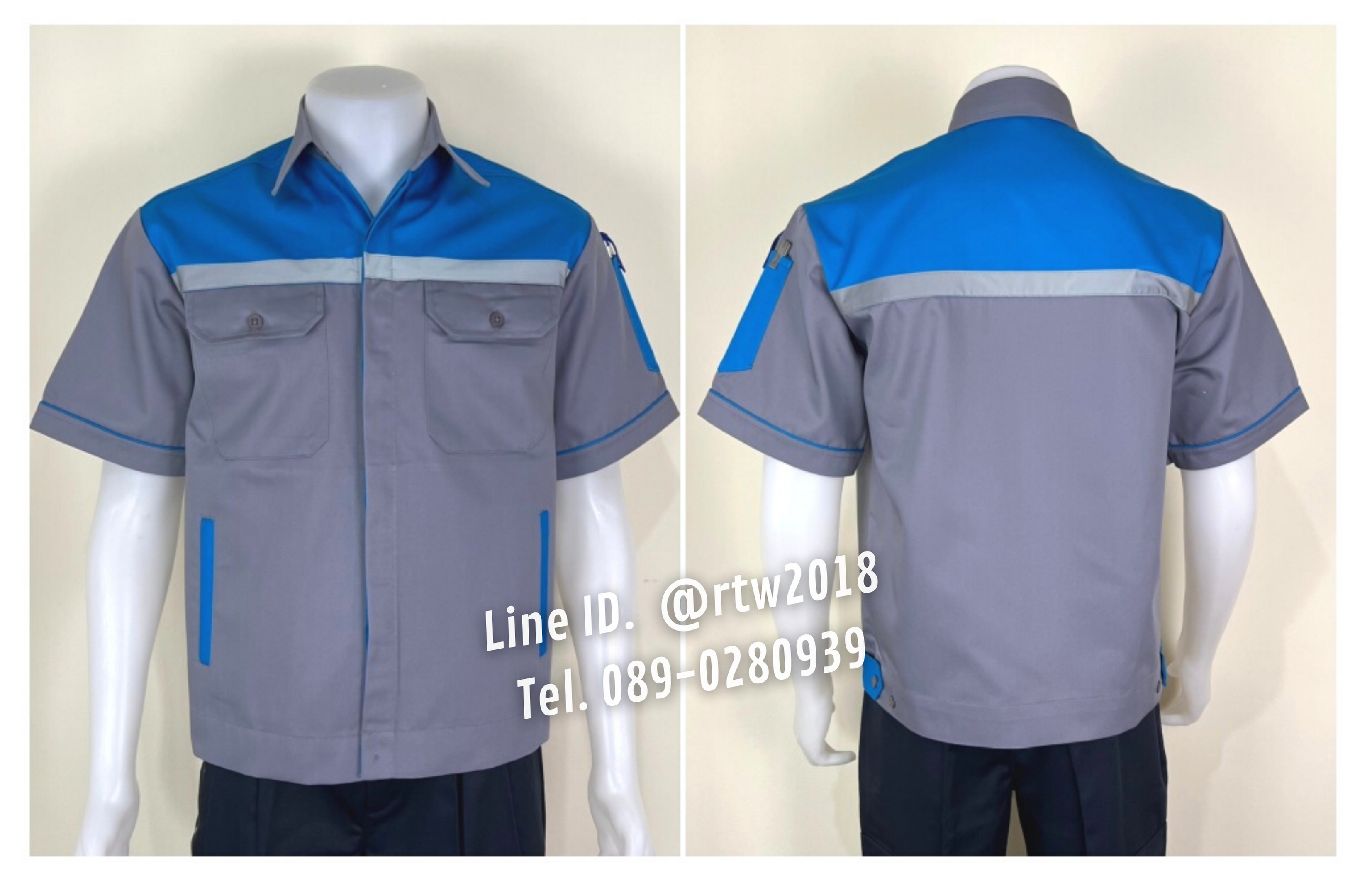 รหัส A33.2 : เสื้อช่างแขนสั้นผ้าคอมทวิว 4 กระเป๋า สีเทาอกฟ้าเข้ม (ติดสะท้อนแสง)