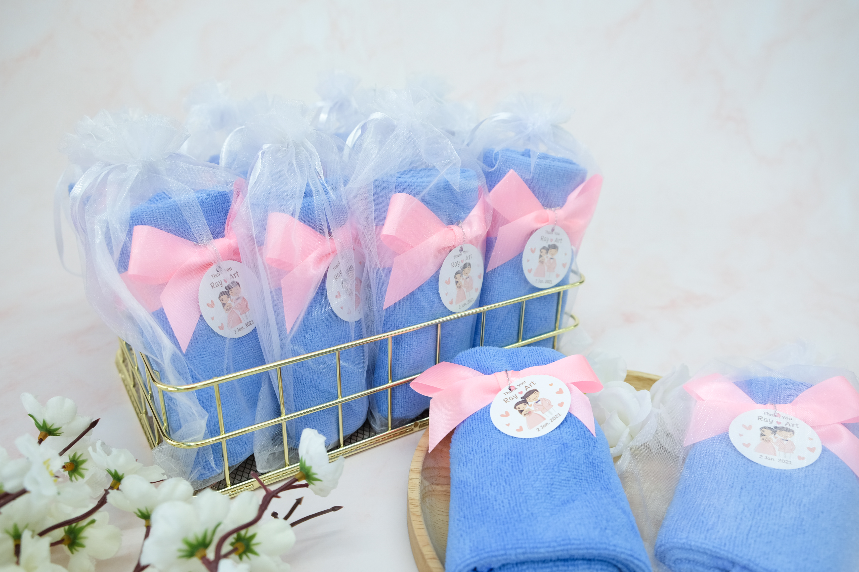 ของชำร่วยงานแต่ง ของแจกงานแต่ง ของที่ระลึกงานแต่ง ผ้านาโนม้วนผูกโบว์ สีฟ้า สีขาว สีเขียว 12 (2)
