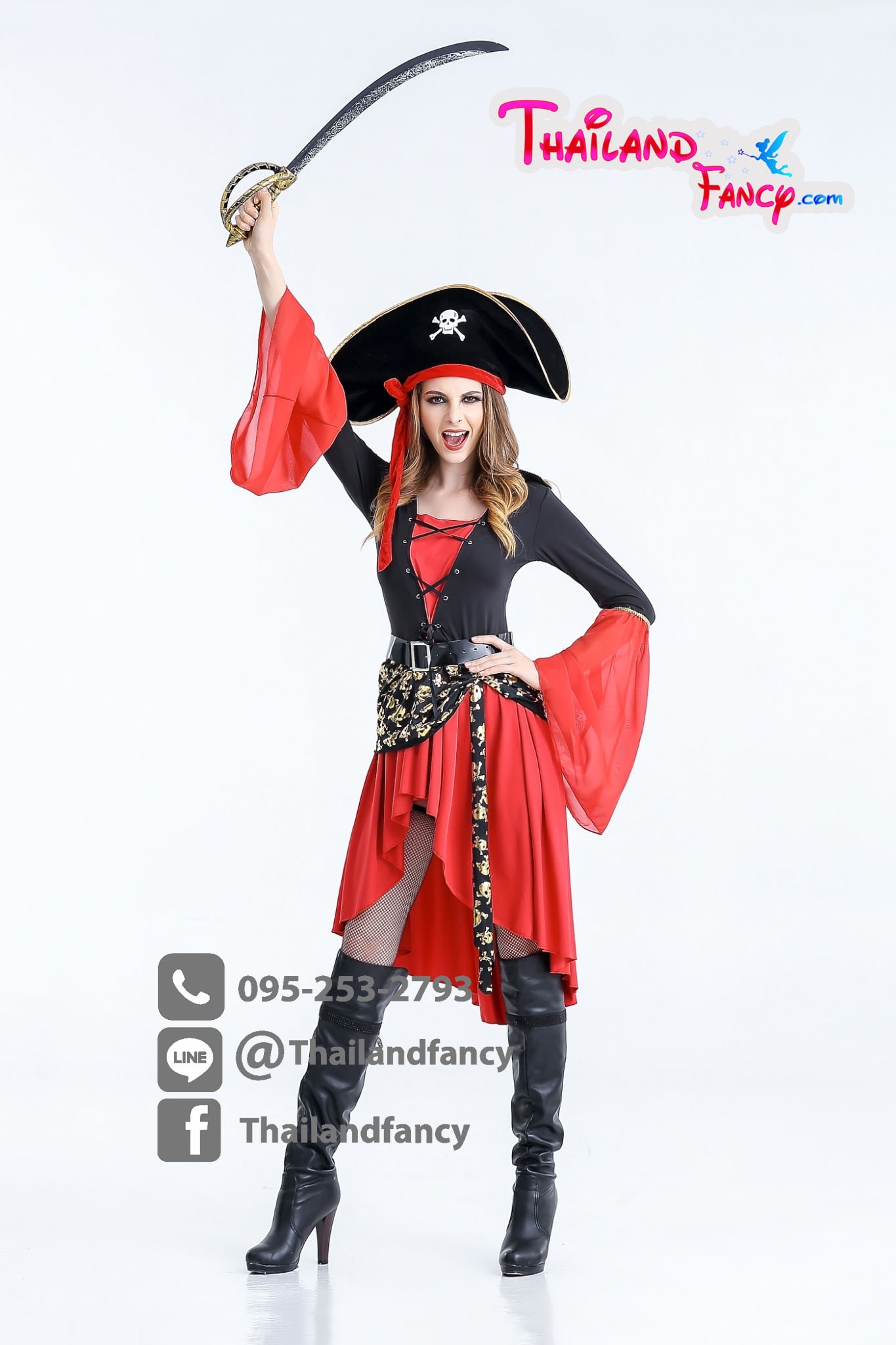 ชุดแฟนซีโจรสลัด ชุดฮาโลวีน Halloween ชุดโจรสลัดหญิง Pirate Cosplay เดรสสีดำแดงปลายแขนกระดิ่งแต่งลายกระโหลกสีทอง