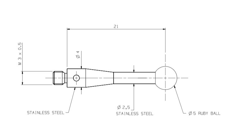 หัววัด CMM M3, Ruby ball 5 mm, EWL 21 mm, L 21 mm เสป็คเดียวกับ Renishaw code. A-5000-7630