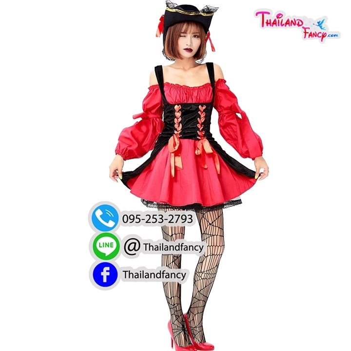 ชุดเช่าแฟนซีผู้หญิง ชุดโจรสลัด ชุดคู่แจ็คสแปร์โรว์ Pirate of the Caribbean Cosplay ชุดสาวโจรสลัดเดรสสั้นสีแดงแต่งดำแขนยาวไหล่ปาด