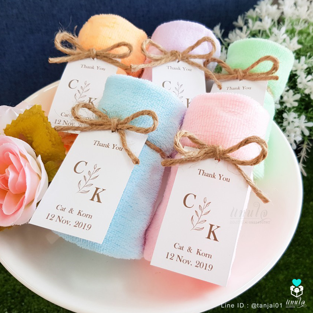 ของชำร่วยแต่งงาน ผ้าลายหมีพร้อมหูหิ้ว สีพาสเทล ป้ายชื่อผูกโบว์เชือกป่าน 💕เริ่มต้น 13 บาท💕 ผ้าขนาด 30x30 cm