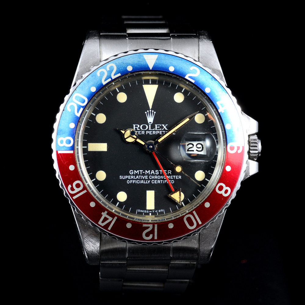 **ขายแล้ว** Rolex Gmt Master Pepsi Ref.16750 หน้าปัดสีดำ พรายน้ำเหลือง ขอบฟิล์มเฟด สายเหล็กแท้ ปี1983 Automatic ขนาด 40 mm