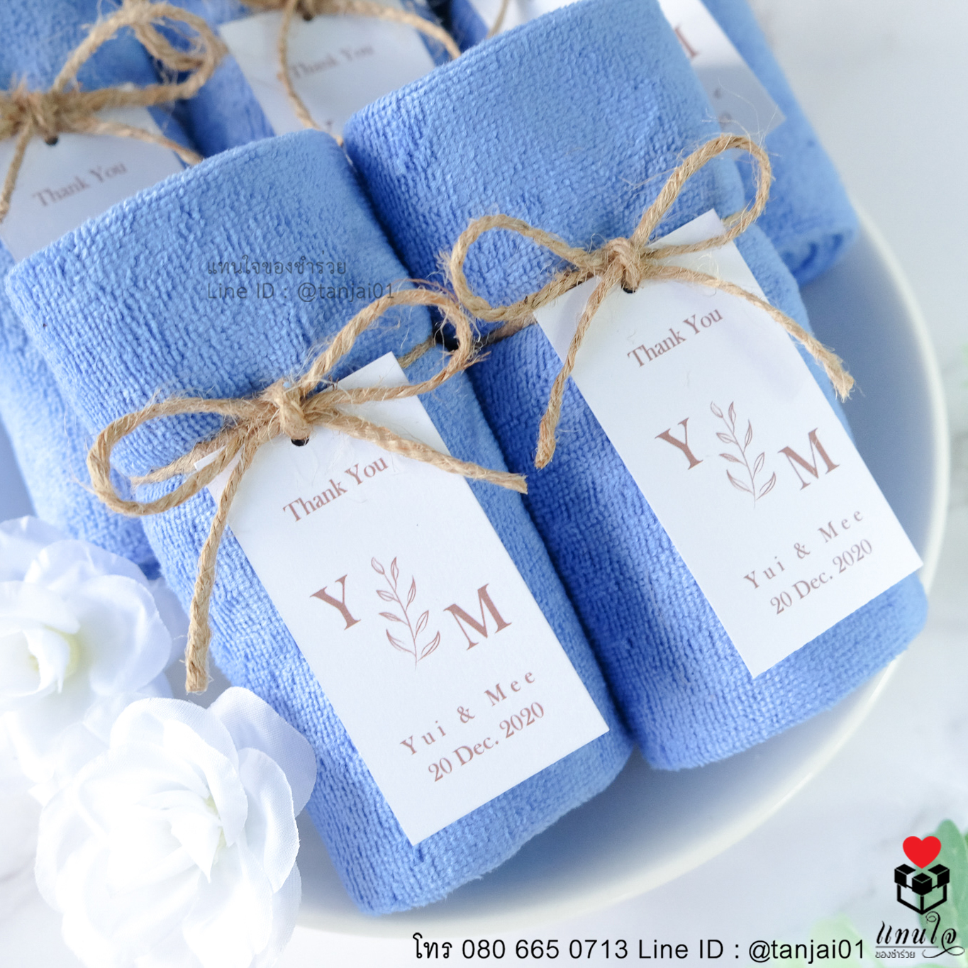 ของชำร่วยงานแต่ง ของแจกงานแต่ง ของที่ระลึกงานแต่ง ผ้านาโนม้วนผูกเชือกป่าน สีฟ้า สีขาว สีเขียว สีชมพู 07