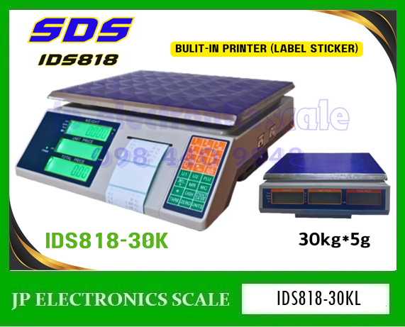 เครื่องชั่งคำนวณราคา30kg เครื่องชั่งคิดราคา30kg เครื่องชั่ง30กิโลกรัม เครื่องชั่งน้ำหนัก30กิโล เครื่องชั่งน้ำหนัก30kg ตาชั่ง30กิโล กิโลดิจิตอล30กิโล เครื่องชั่ง30kg ค่าละเอียด 5g ยี่ห้อ SDS รุ่น IDS818-30K พร้อมบิ้วอินปริ้นเตอร์ในตัว LABEL STICKER