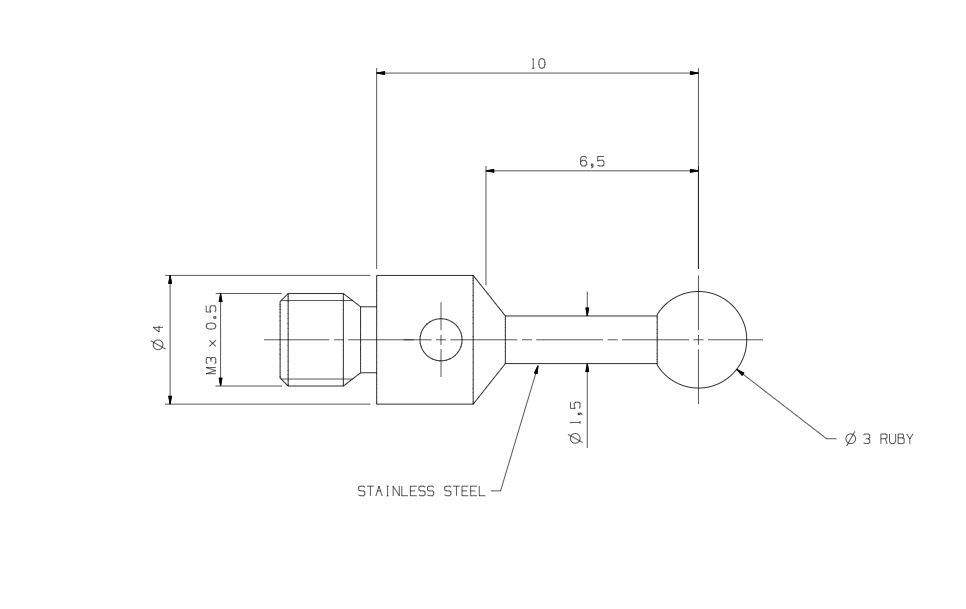 หัววัด CMM M3, Ruby ball 3 mm, EWL 6.5 mm, L 10 mm เสป็คเดียวกับ Renishaw code. A-5004-0422