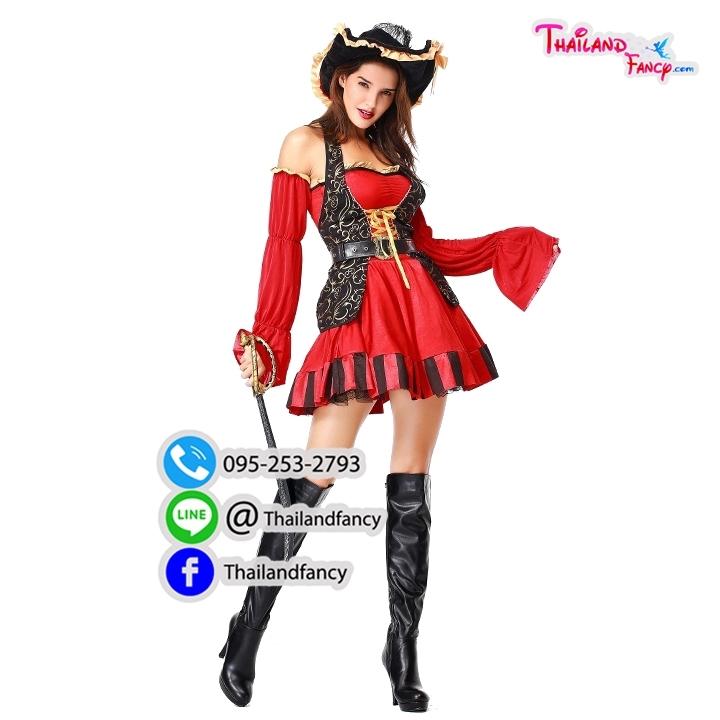 ชุดแฟนซีโจรสลัดสาว Pirate Cosplay ชุดโจรสลัดแจ๊คสแปร์โรว์หญิง ชุดฮาโลวีน ชุดกัปตันสาวโจรสลัดแดงกั๊กดำ พร้อมหมวก